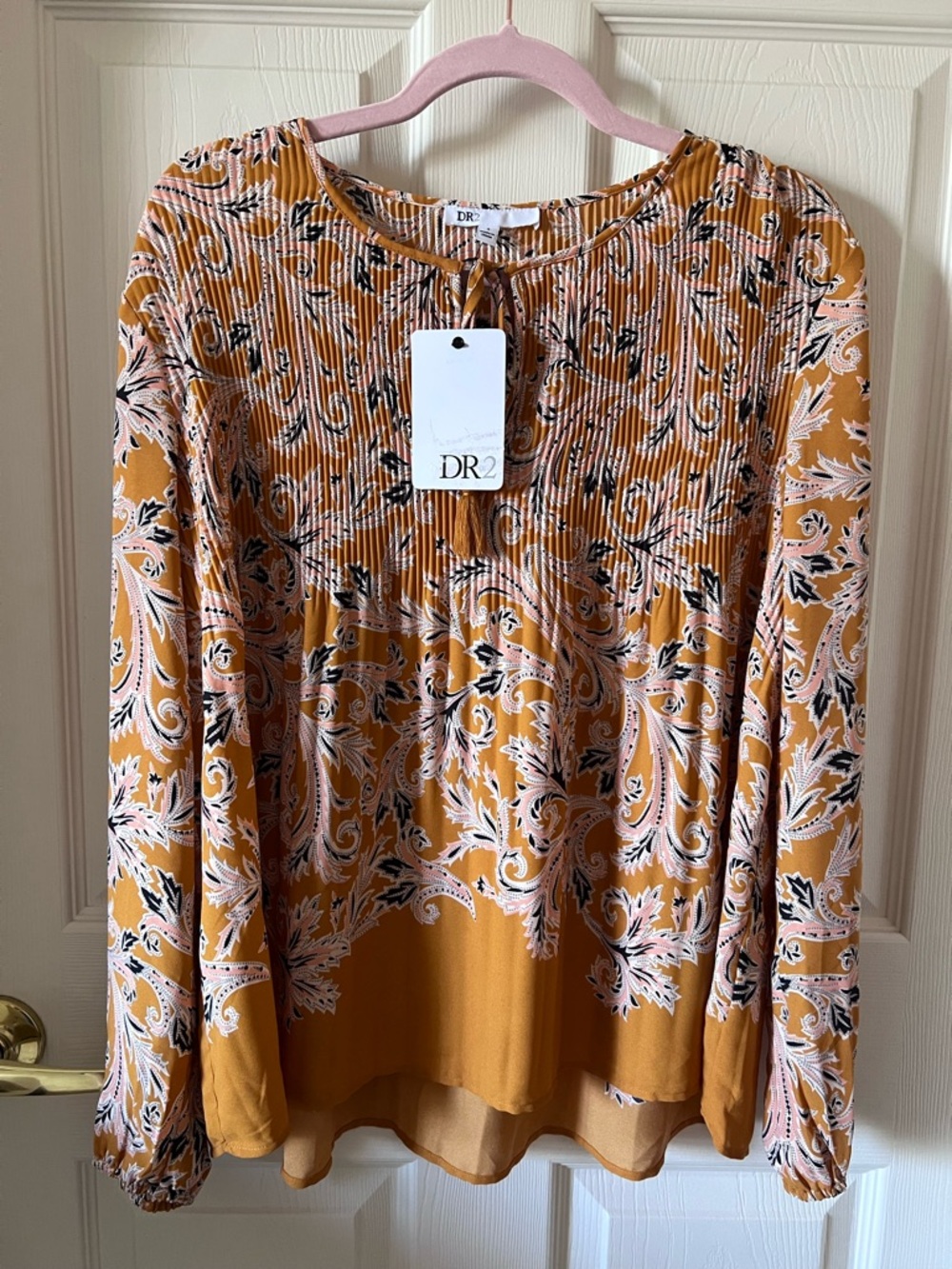 DR2 Women’s Mustard & Peach Paisley Long-Sleeve Boho Blouse Small NWT